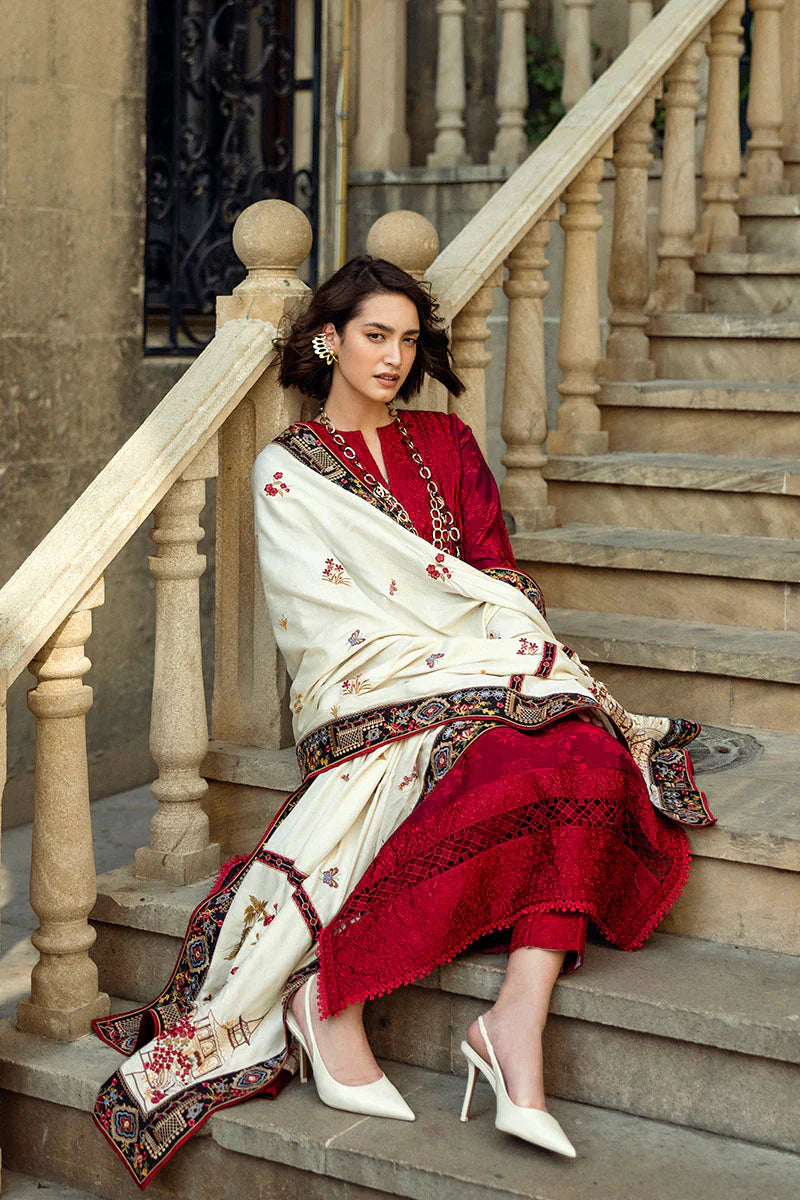 dhanak 3pc unstiched heavy embroidered suit with embroidered shawl