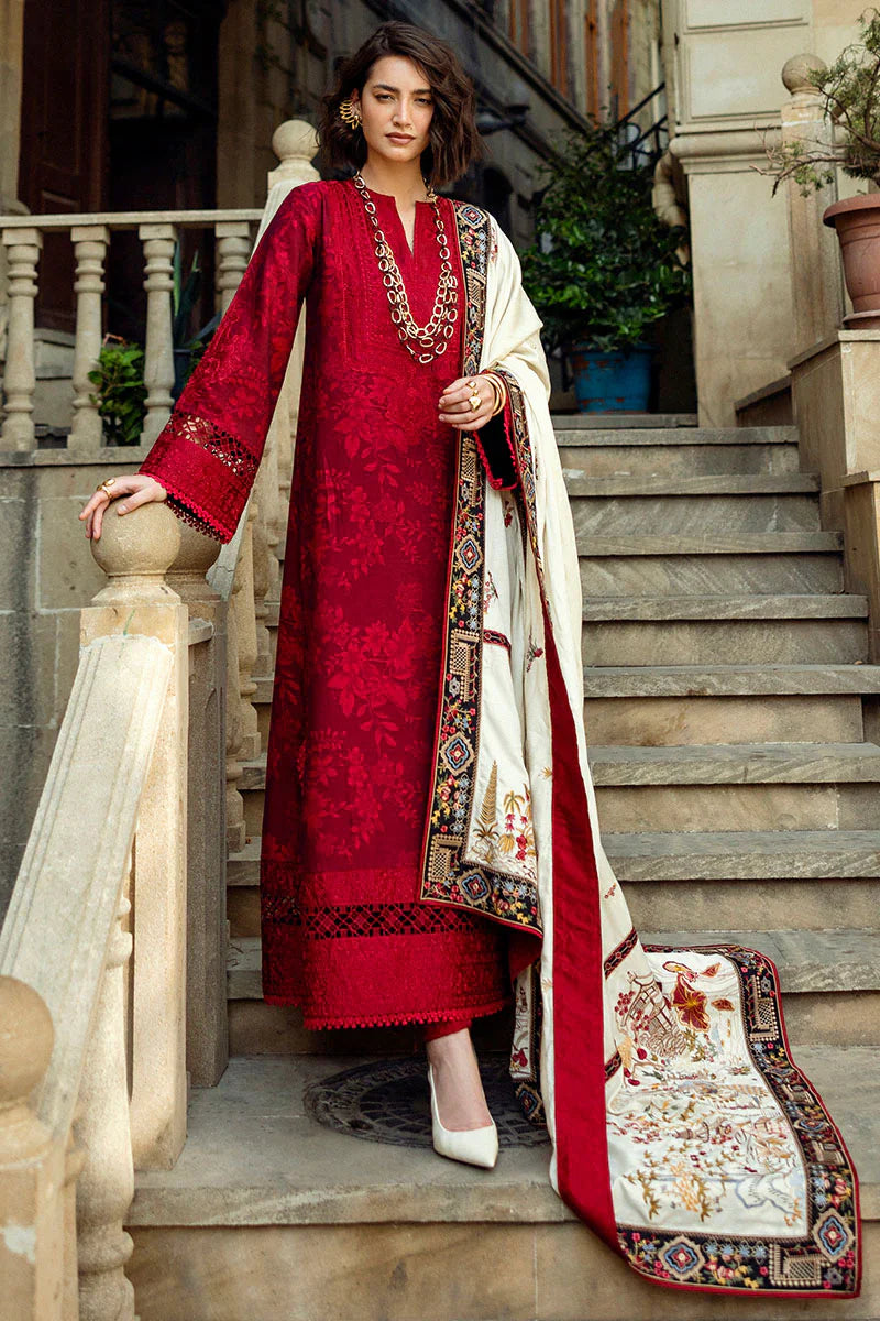 dhanak 3pc unstiched heavy embroidered suit with embroidered shawl