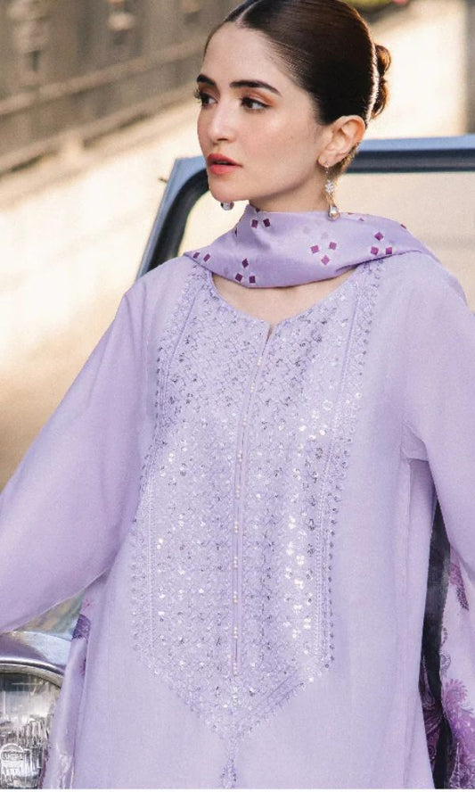 Dhanak 3pc unstitched sequence embroidered suit with printed slub dupatta