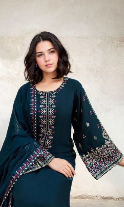 Dhanak 3pc unstitched heavy embroidered suit