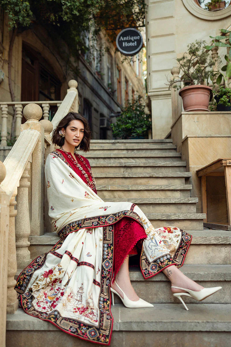 dhanak 3pc unstiched heavy embroidered suit with embroidered shawl