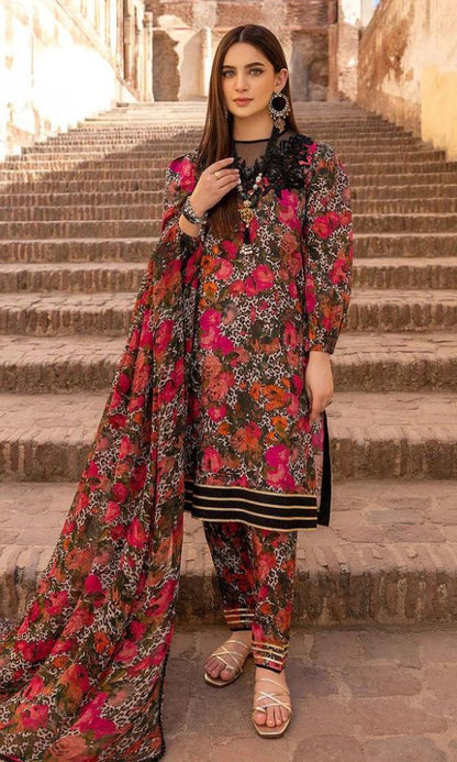 3pc linen unstitched digital printed suit with same dupatta and printed trouser