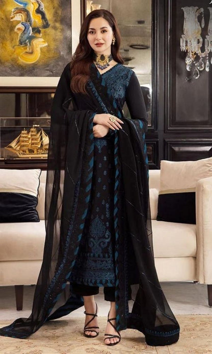 Dhanak 3pc unstitched heavy embroidered suit with embroidered shawl and patches