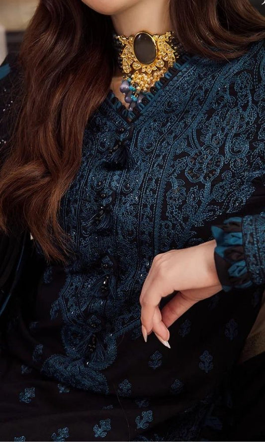 Dhanak 3pc unstitched heavy embroidered suit with embroidered shawl and patches