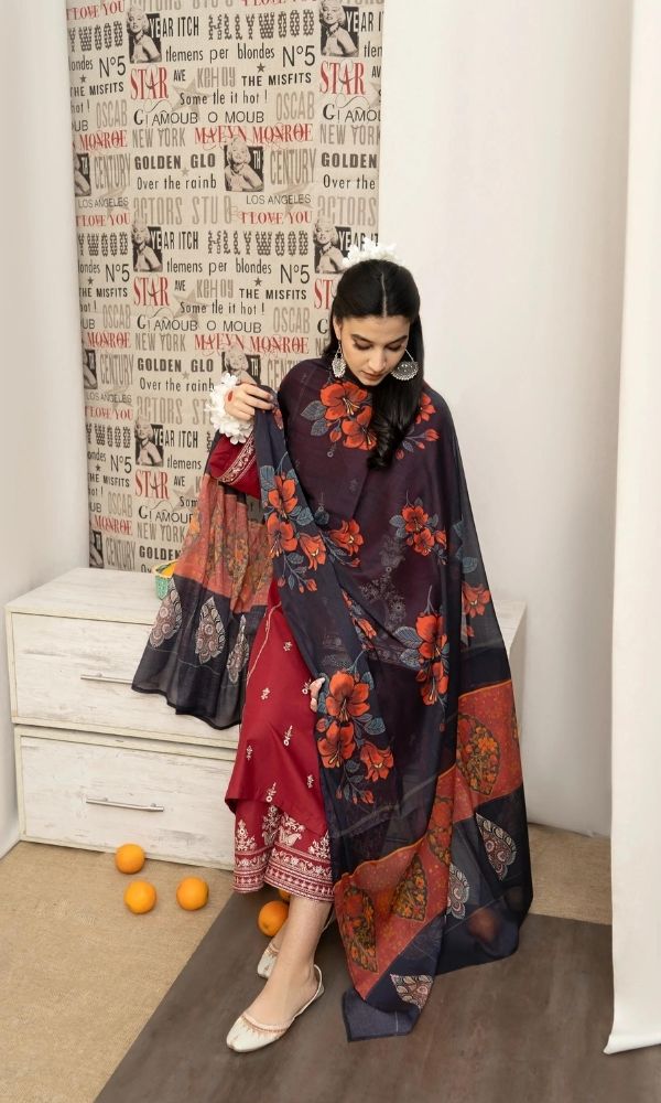 Dhanak 3pc unstitch heavy embroidered suit with poly woolen shawl