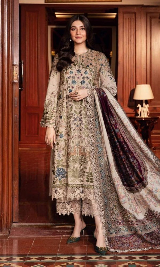 Dhanak 3pc unstitched fully embroidered suit with digital printed wool shawl