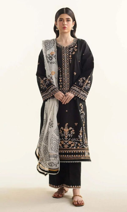 Dhanak 3pc unstitched embroidered suit with dyed silk organza dupatta