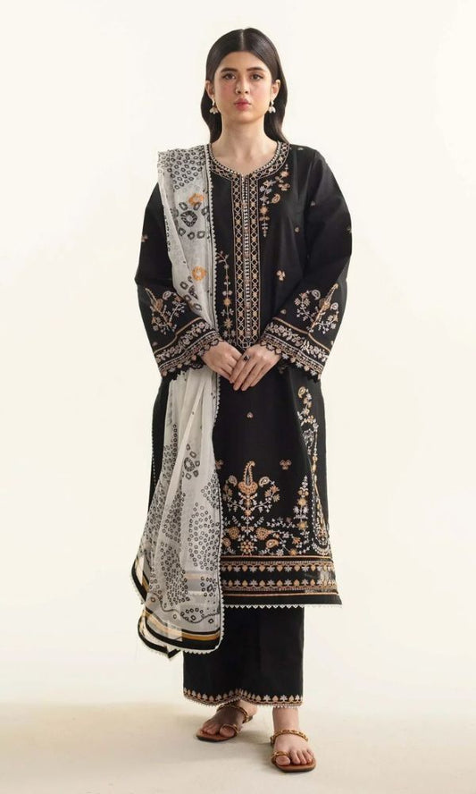 Dhanak 3pc unstitched embroidered suit with dyed silk organza dupatta