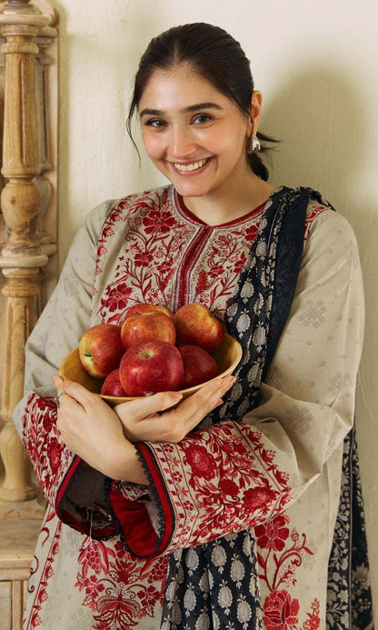 Dhanak 3pc unstitched heavy embroidered suit with digital printed wool shawl and patches