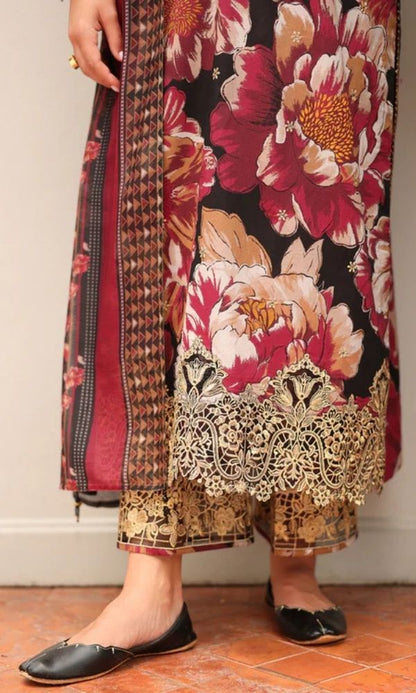 Khaddar 3pc unstitched digital printed suit with patches