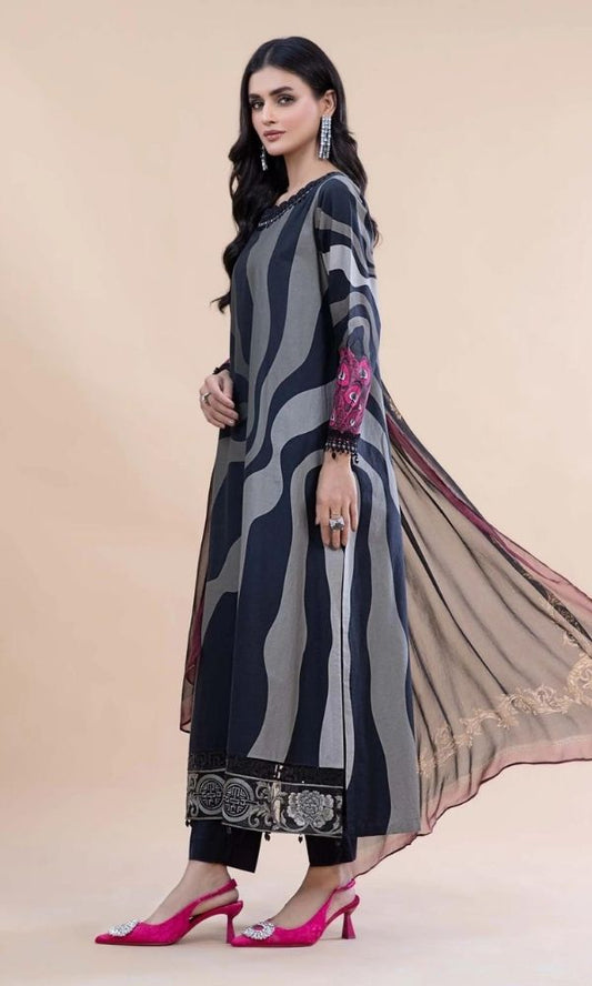 Lawn 3pc digital printed suit with patches and silk dupatta