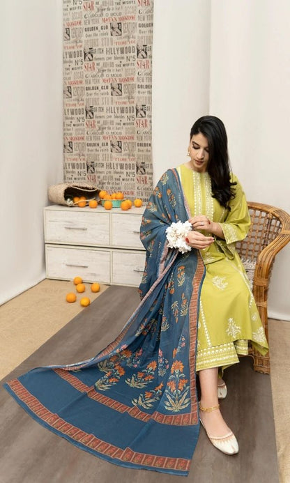 Dhanak 3pc unstitched embroidered shirt with embroidered trouser