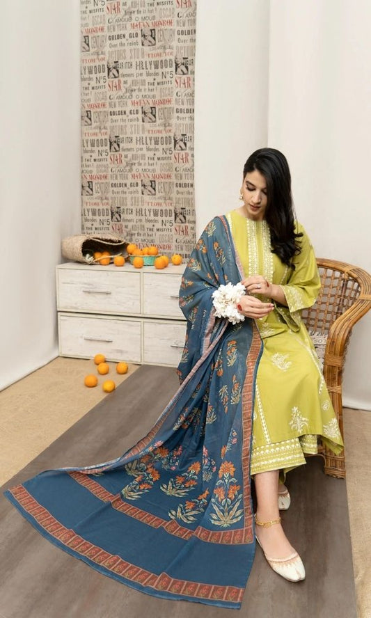 Dhanak 3pc unstitched embroidered shirt with embroidered trouser