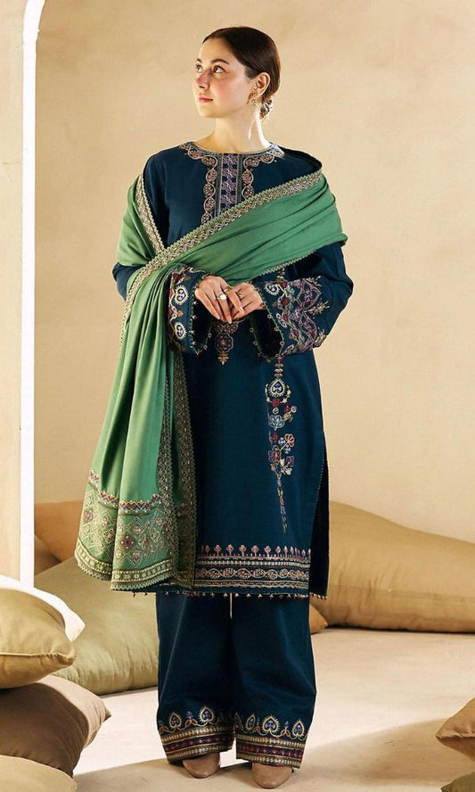 3pc Stuff Best quality Dhanak Dhanak Embroidered shirt with daman patch Dhanak Embroidered sleeves Dhanak Embroidered Shawl with pallu patch Dhanak plain trouser with patch