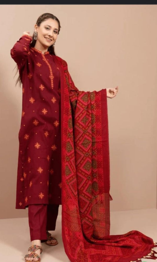 Khaddar 3pc heavy embroidered shirt with wool digital printed dupatta