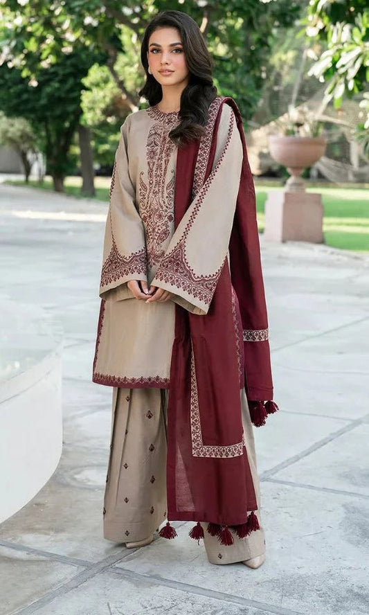 Winter collection 3pc embroidered suit with embroidered trouser and embroidered shawl