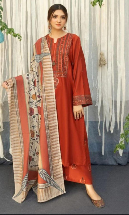 3pc Stuff Best quality Dhanak Dhanak Embroidered shirt Dhanak Embroidered sleeves Wool Digital print Shawl Dhanak embroidered trouser