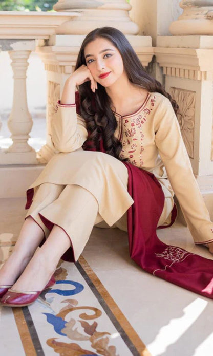 Dhanak 3pc unstitched suit with embroidered patches and embroidered shawl
