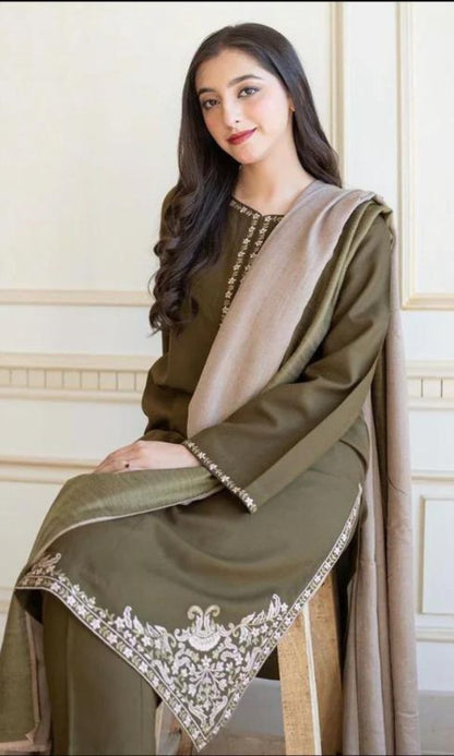 Dhanak 3pc unstitched embroidered shirt with embroidered sleeves