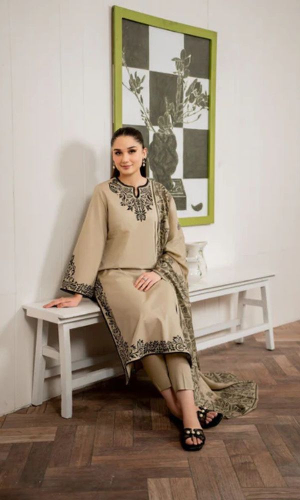 Dhanak 3pc unstitched embroidered suit with digital printed poly wool shawl
