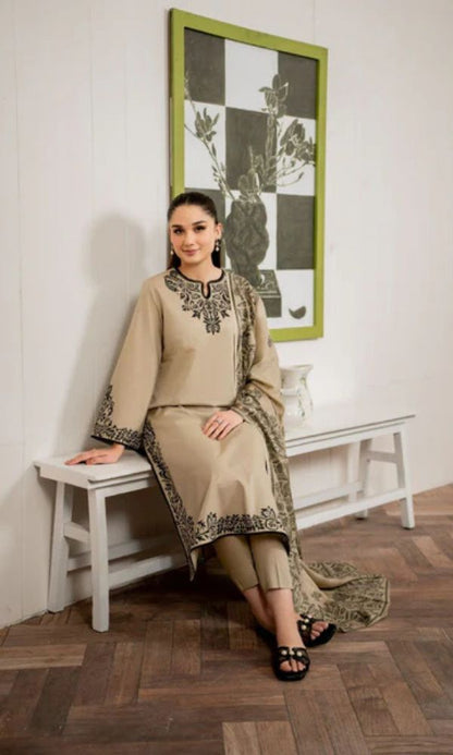 Dhanak 3pc unstitched embroidered suit with digital printed poly wool shawl