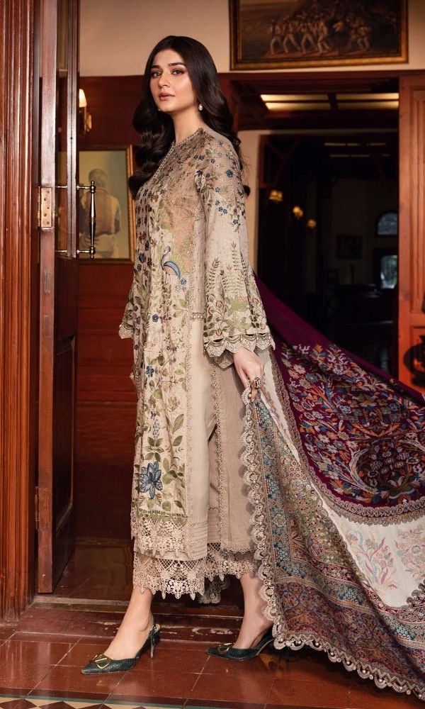 Dhanak 3pc unstitched fully embroidered suit with digital printed wool shawl