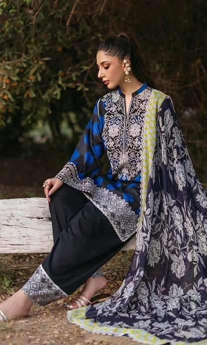Lawn 3pc unstitched digital printed suit with embroidered patches