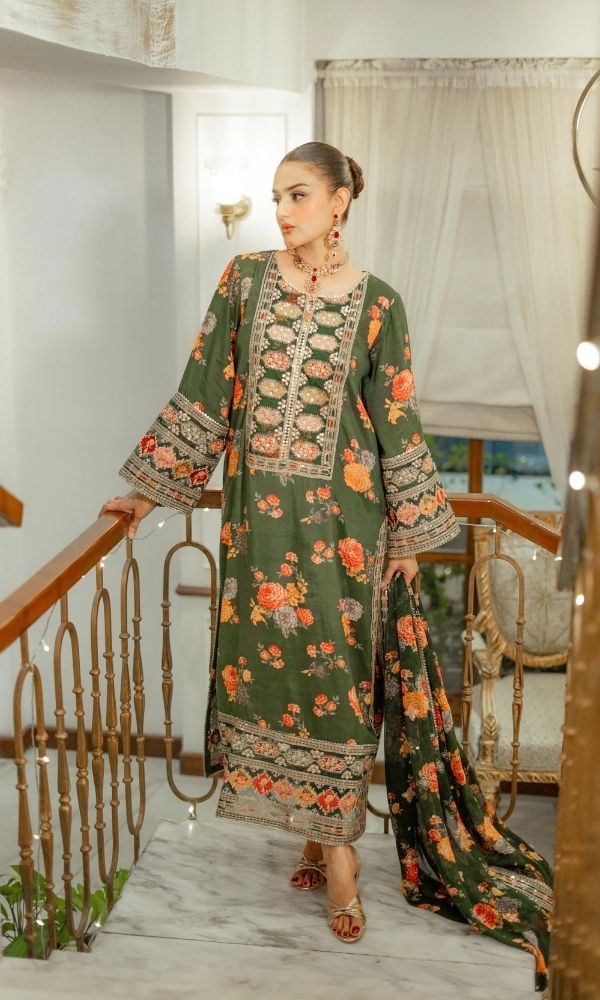 silk 3pc unstitched digital printed suit with orgazna digital printed dupatta