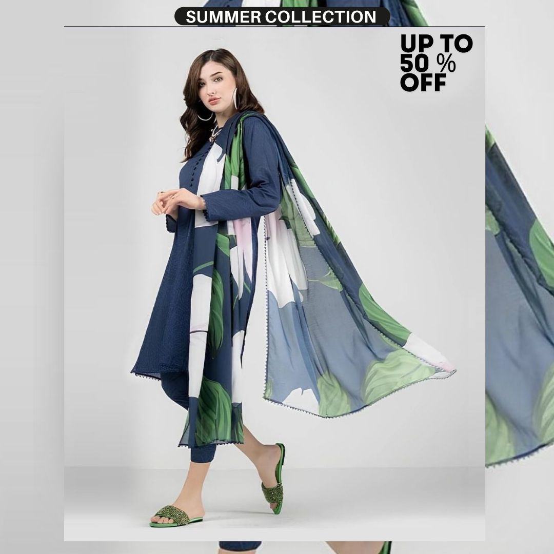 Lawn 3pc digital printed suit with monar printed dupatta