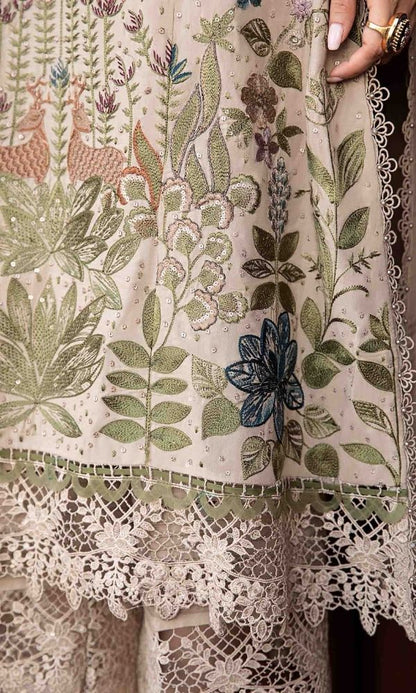 Dhanak 3pc unstitched fully embroidered suit with digital printed wool shawl