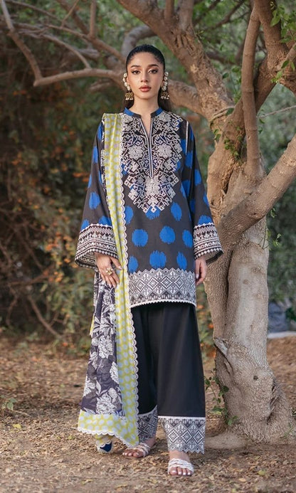 Lawn 3pc unstitched digital printed suit with embroidered patches