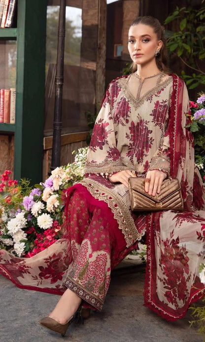 Lawn 3pc digital printed suit with patches and monar printed dupatta