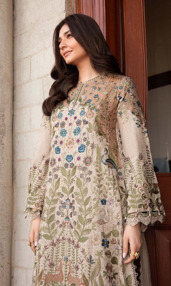 Dhanak 3pc unstitched fully embroidered suit with digital printed wool shawl