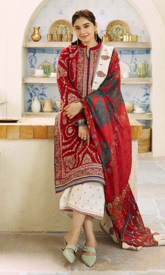 Dhanak 3pc unstitched heavy chiken kari embroidered suit with embroidered trouser