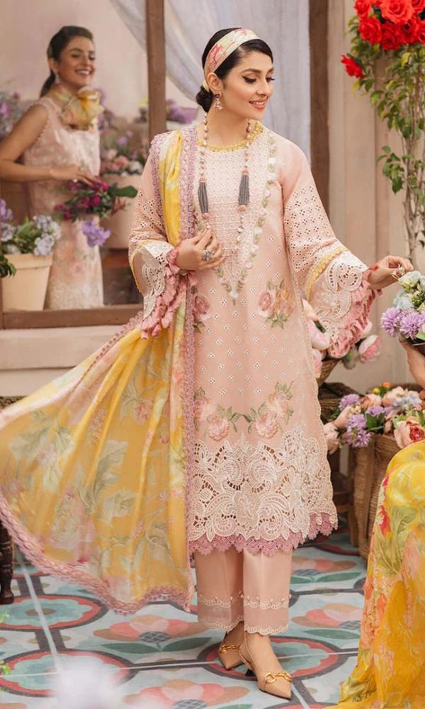 Lawn 3pc unstitched heavy embroidered suit with silk dupatta