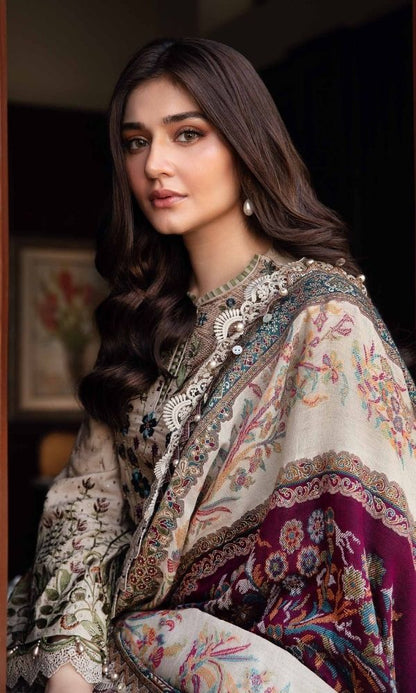 Dhanak 3pc unstitched fully embroidered suit with digital printed wool shawl