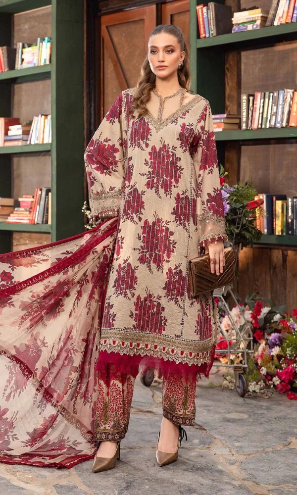 Lawn 3pc digital printed suit with patches and monar printed dupatta