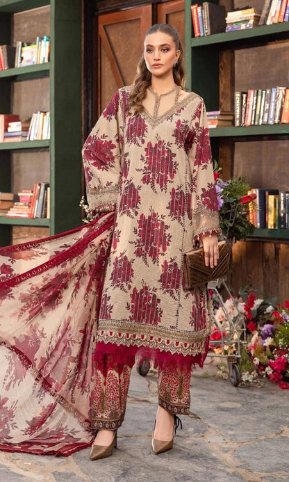 Lawn 3pc digital printed suit with patches and monar printed dupatta