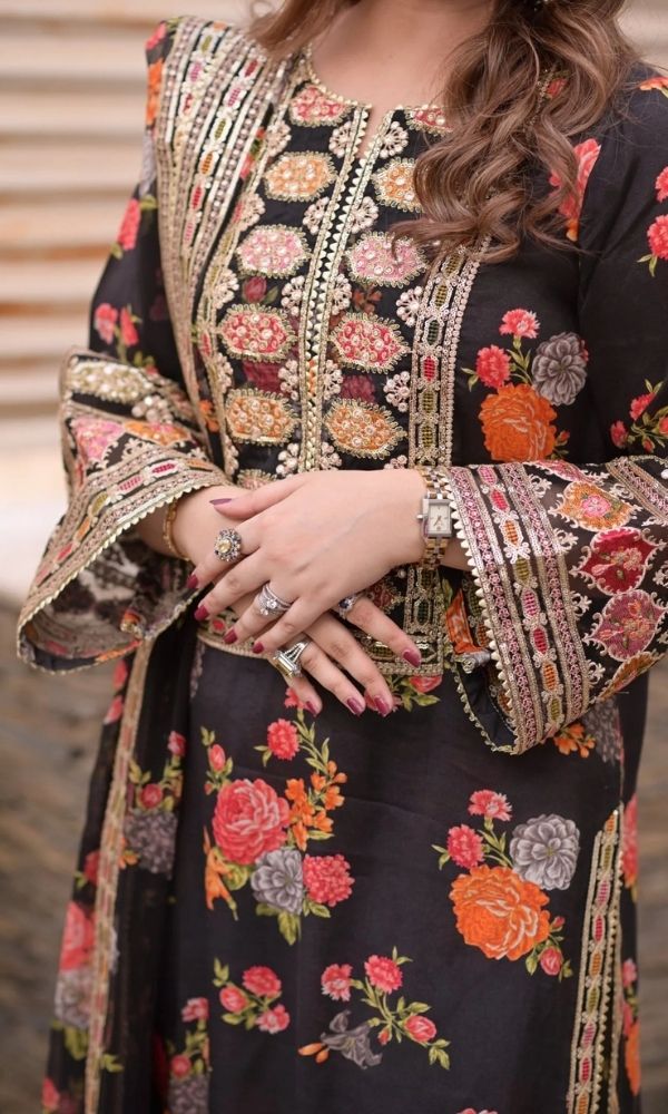 Silk 3pc unstitched digital printed suit with organza digital printed dupatta