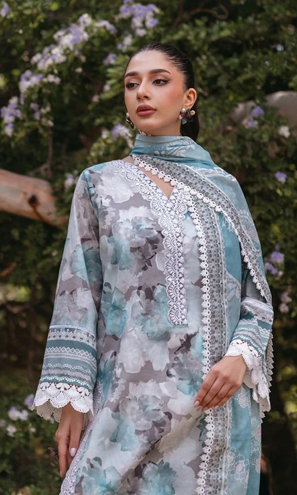 Lawn 3pc unstitched digital printed embroidered suit with embroidered patches