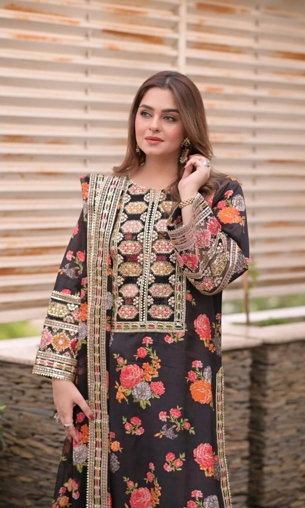 Silk 3pc unstitched digital printed suit with organza digital printed dupatta