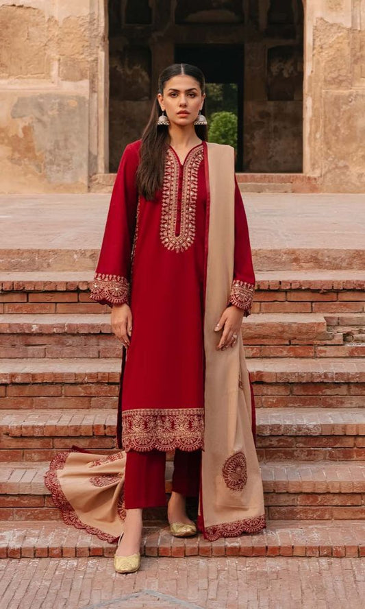 Dhanak 3pc unstitched heavy embroidered suit with heavy embroidered shawl