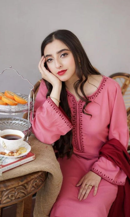 Dhanak 3pc unstitched suit with same embroidered shawl