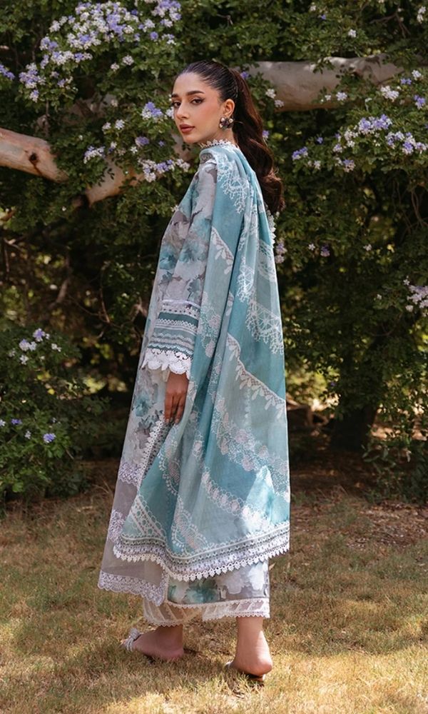 Lawn 3pc unstitched digital printed embroidered suit with embroidered patches