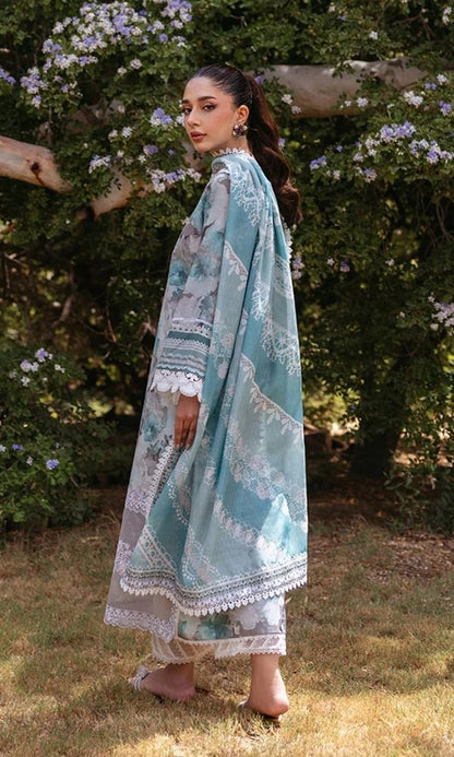 Lawn 3pc unstitched digital printed embroidered suit with embroidered patches