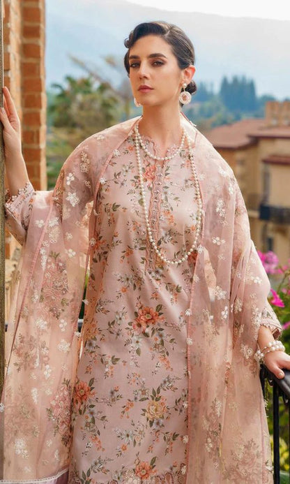 Lawn 3pc digital printed shirt with patches and embroidered dupatta