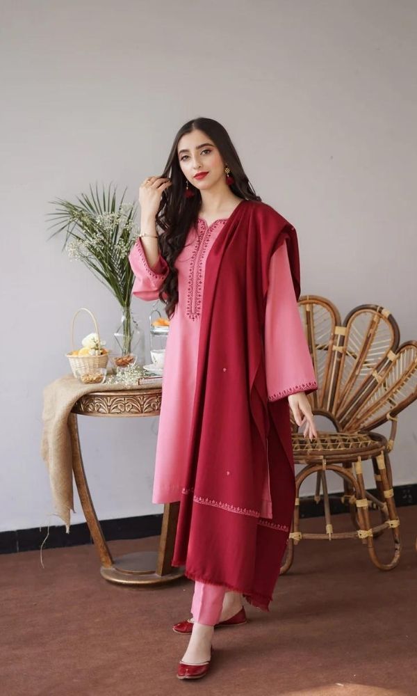 Dhanak 3pc unstitched suit with same embroidered shawl