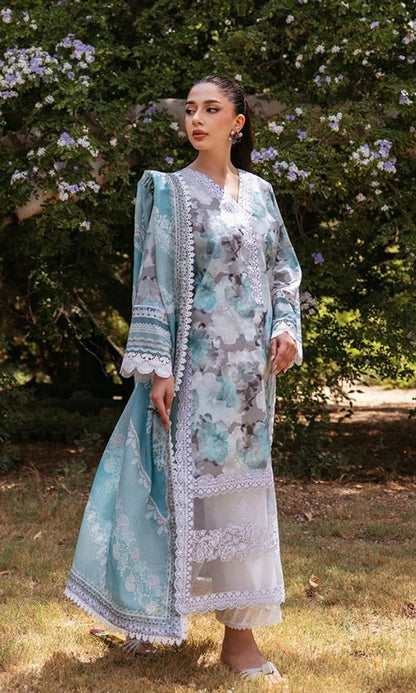 Lawn 3pc unstitched digital printed embroidered suit with embroidered patches