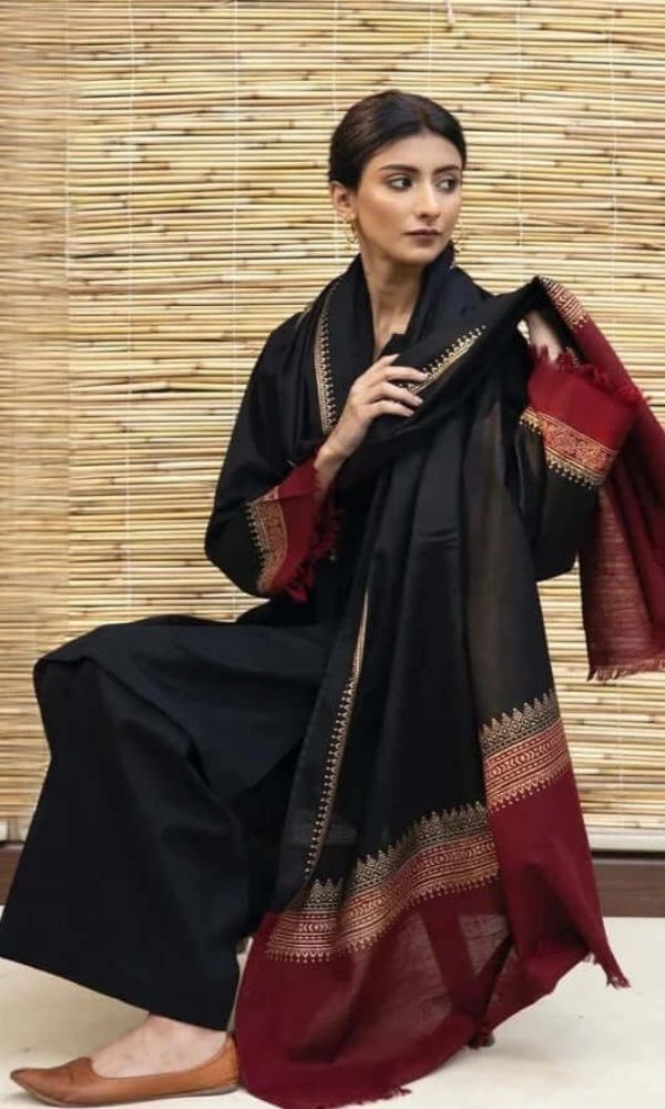 Dhanak 3pc unstitched suit with neckline and trouser patches