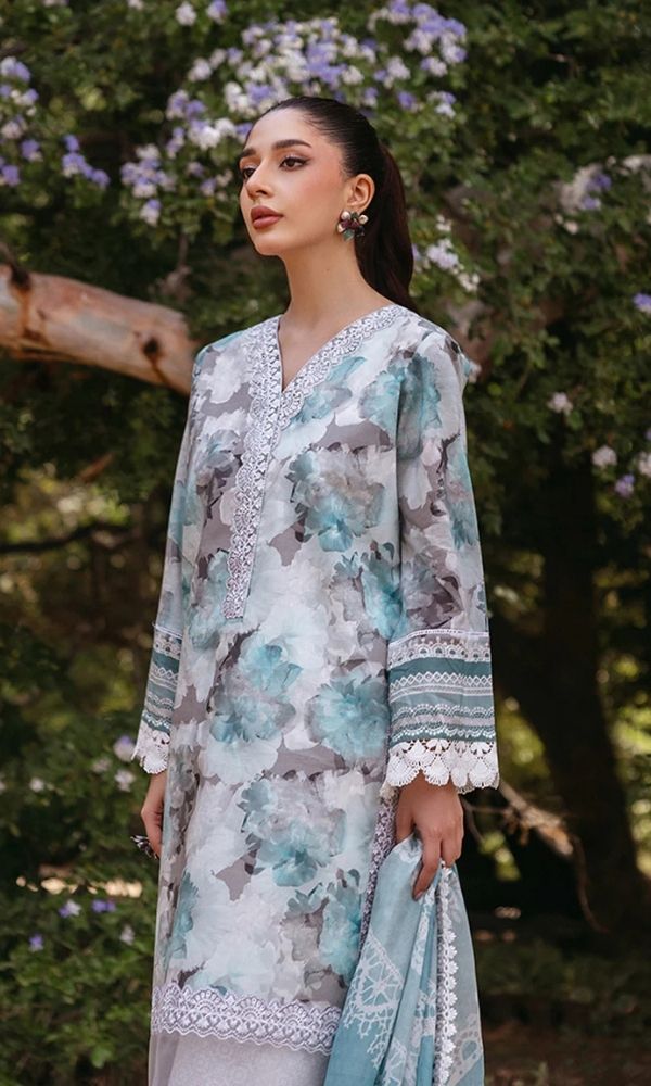 Lawn 3pc unstitched digital printed embroidered suit with embroidered patches